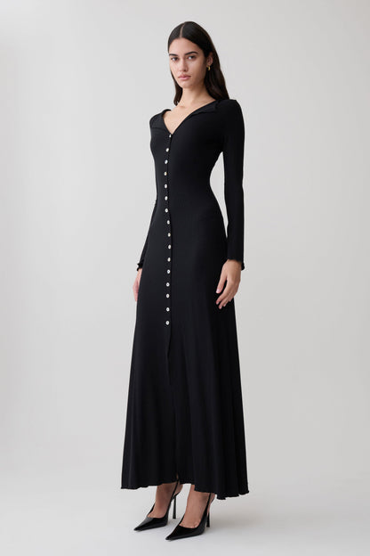 Tanya Buttoned Long Sleeve Maxi Dress - Black