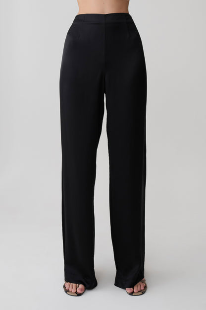 Sydney Straight Leg Satin Pants - Black