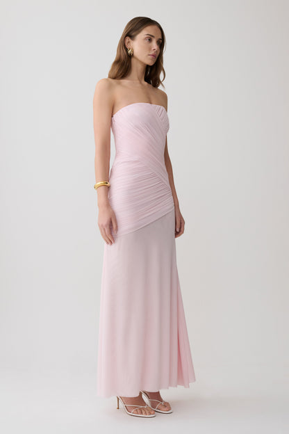 Monet Strapless Ruched Mesh Maxi Dress - Ballet Pink