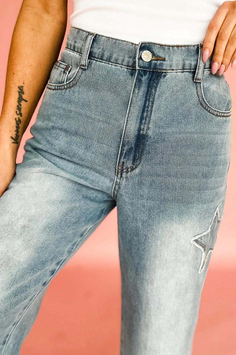 Hazel Blues® |  Star Embroidered High Waist Wide Leg Jeans