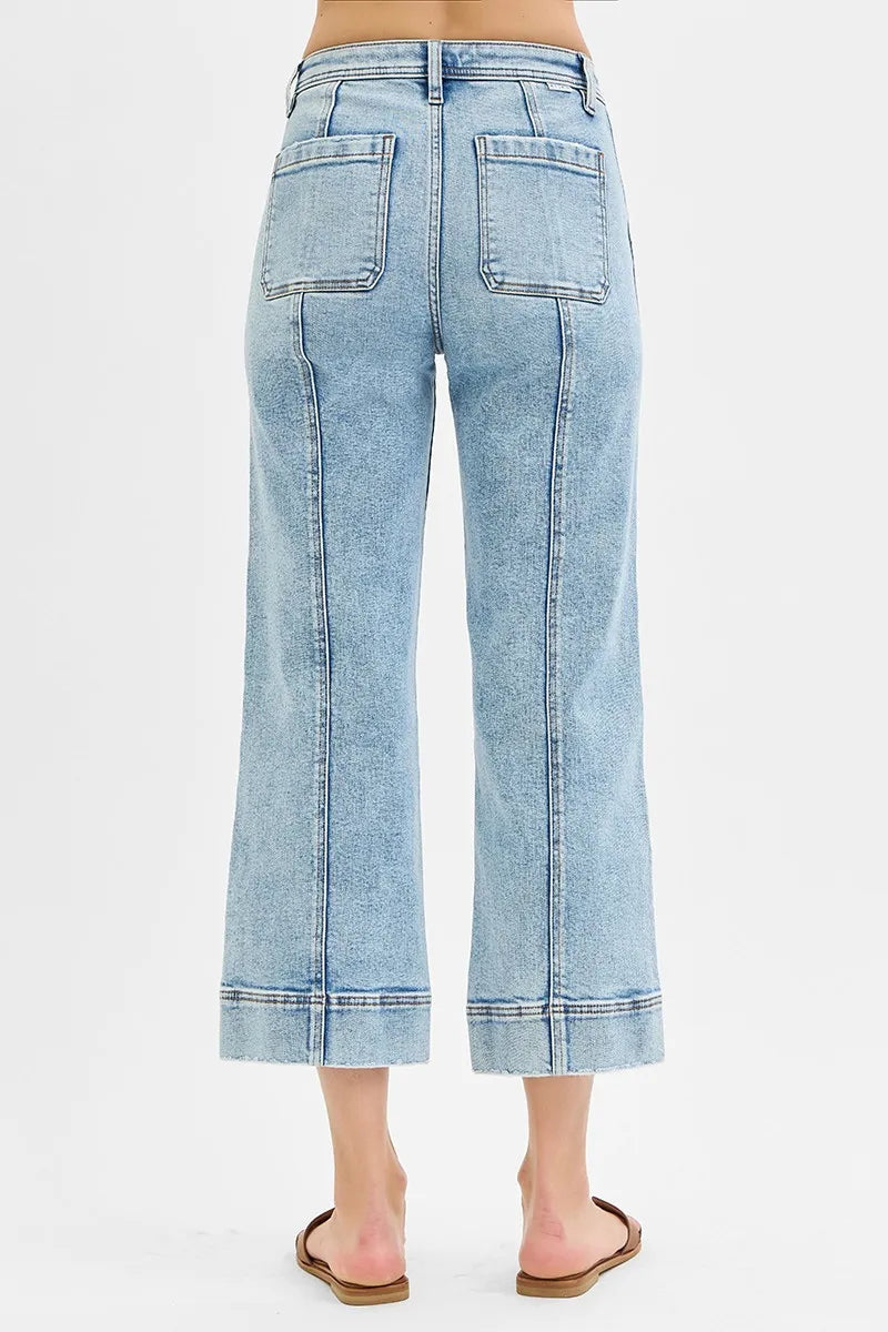 Hazel Blues® | RISEN High Rise Crop Wide Front Seam Detailed Jeans