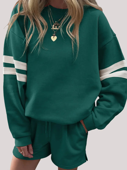 Hazel Blues® |  Stripe Round Neck Sweatshirt and Shorts Set