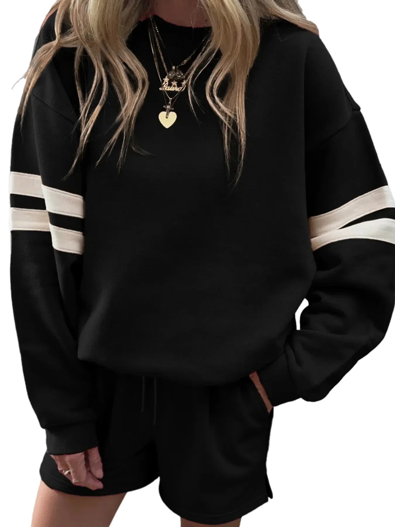 Hazel Blues® |  Stripe Round Neck Sweatshirt and Shorts Set