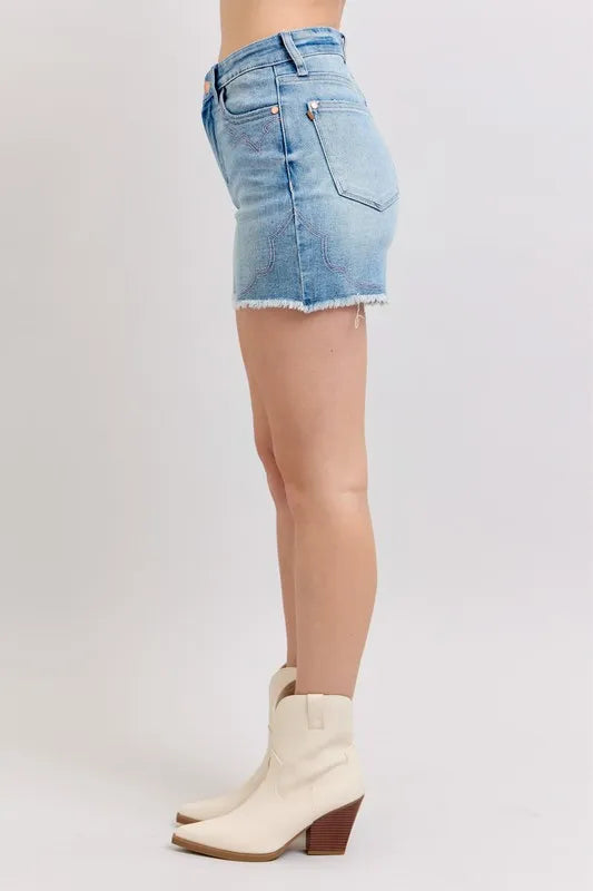 Hazel Blues® |  Judy Blue High Waist Western Embroidery Detail Cut Off Denim Shorts