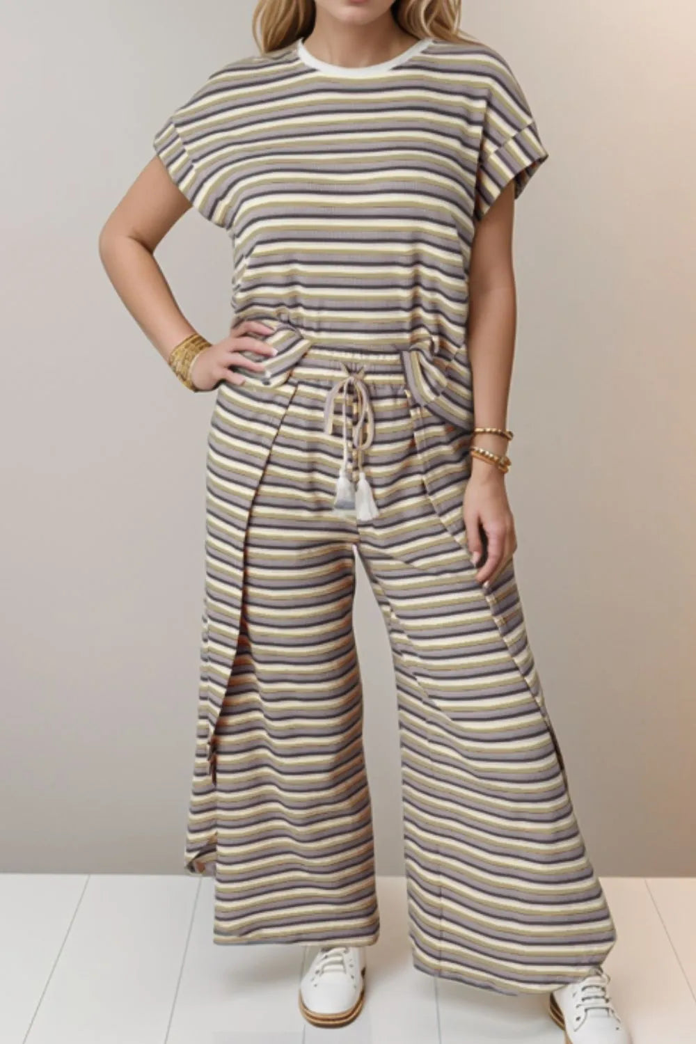 Hazel Blues® |  Striped Round Neck Short Sleeve Top and Pants Set