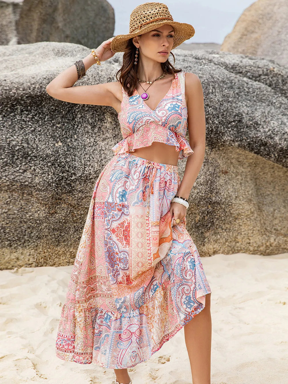 Hazel Blues® |  Printed V-Neck Top and Midi Skirt Set