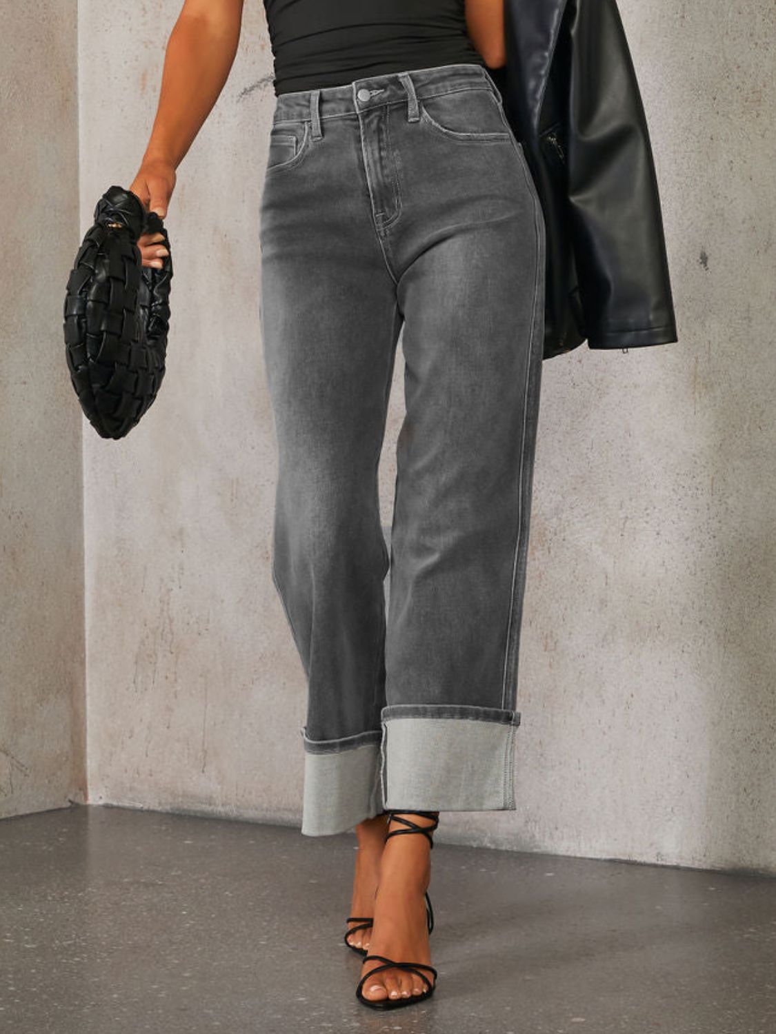 Hazel Blues® |  High Waisted Straight Leg Rolled Jeans