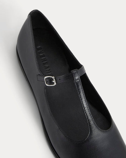 The Leather T-Strap Flat | Black
