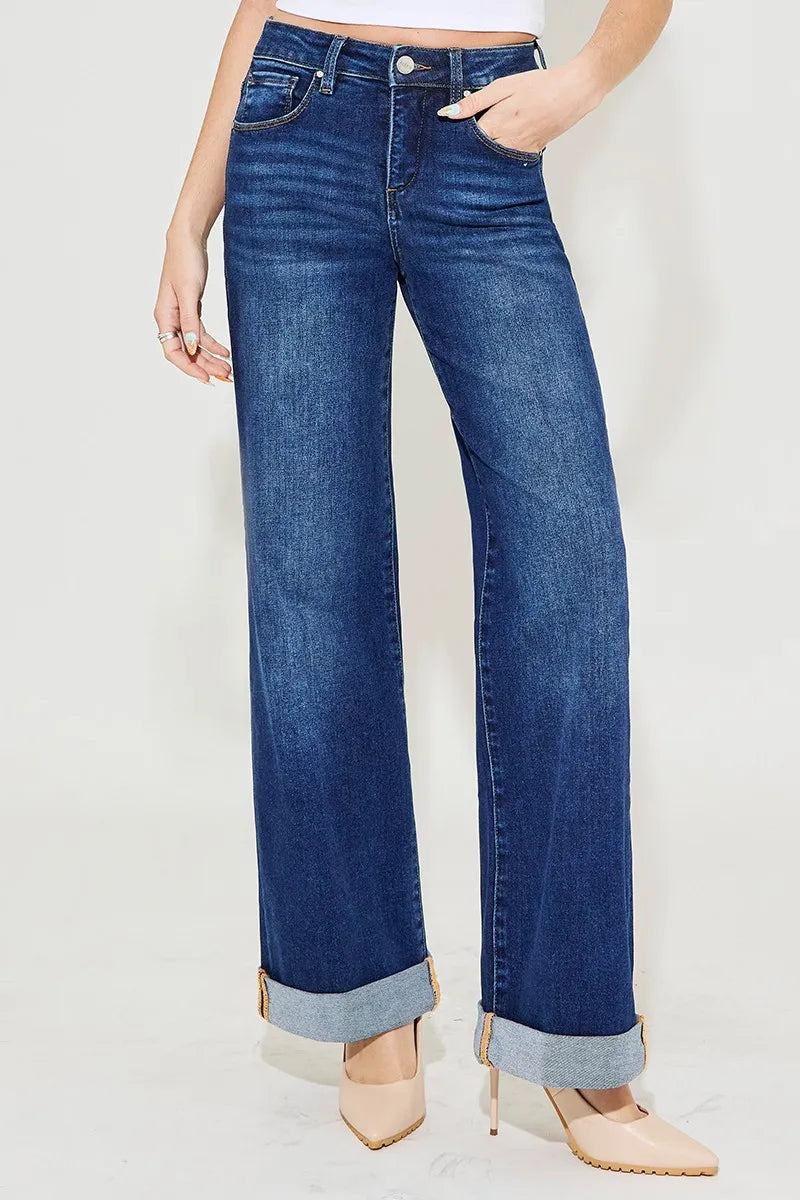 Hazel Blues® | RISEN Tummy Control High Rise Wide Leg Cuffed Jeans