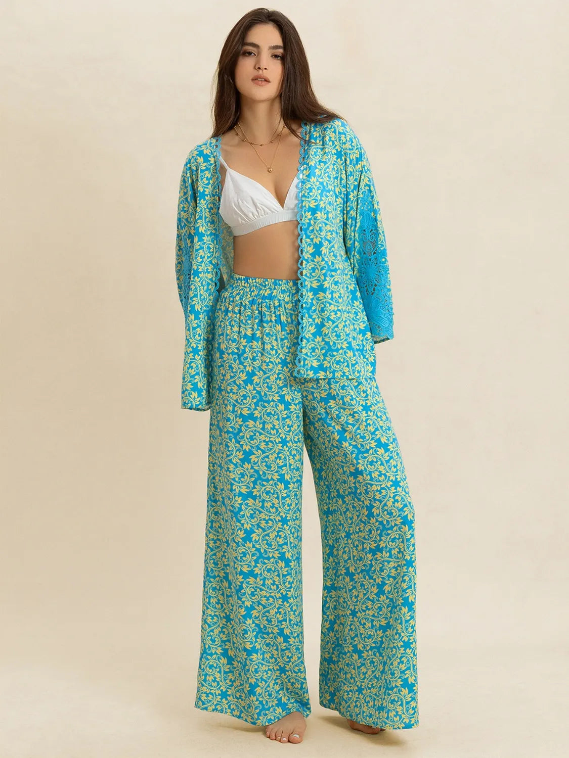 Hazel Blues® |  Boho Open Front Kimono Top & Wide Leg Pants Set