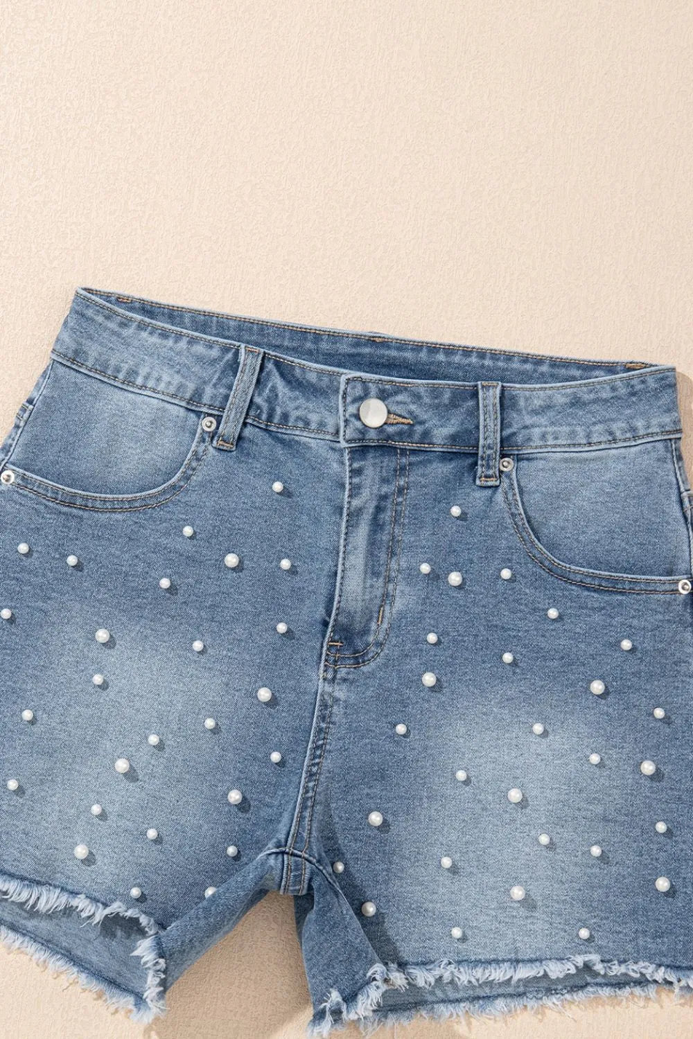 Hazel Blues® |  Pearl Beaded Raw Hem Wash Denim Shorts