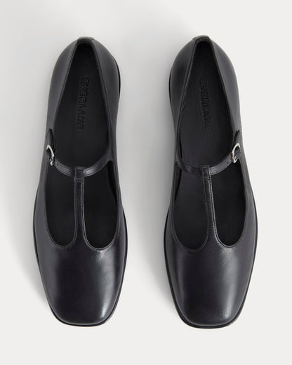 The Leather T-Strap Flat | Black