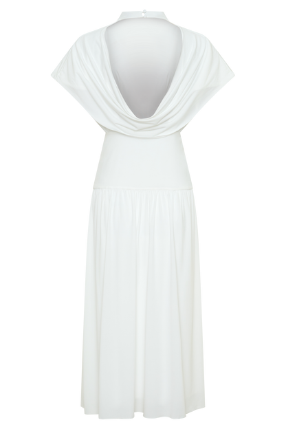 Ailla High Neck Cowl Midi Dress - White