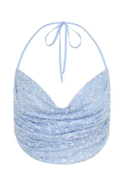 Kiara Pearl Beaded Cowl Crop Top - Powder Blue