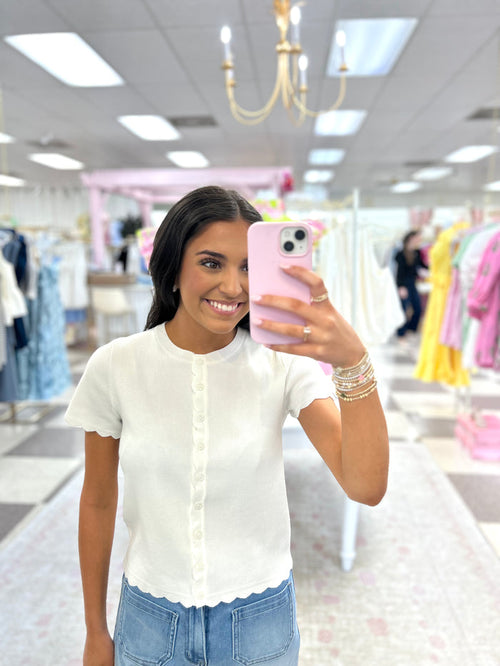 Scalloped Button Down Knit Top (White)