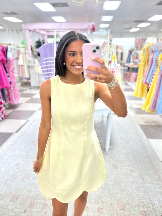 Juliette Linen Scallop Hem Mini Dress (Yellow)