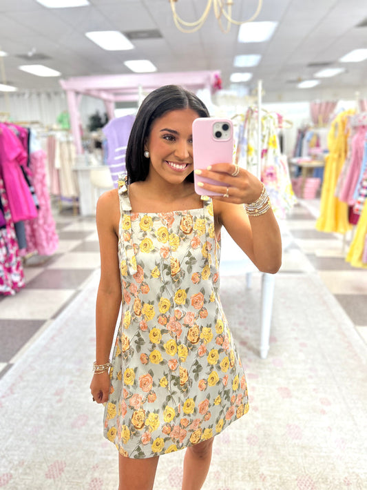 Floral Jacquard Bow Strap Mini Dress