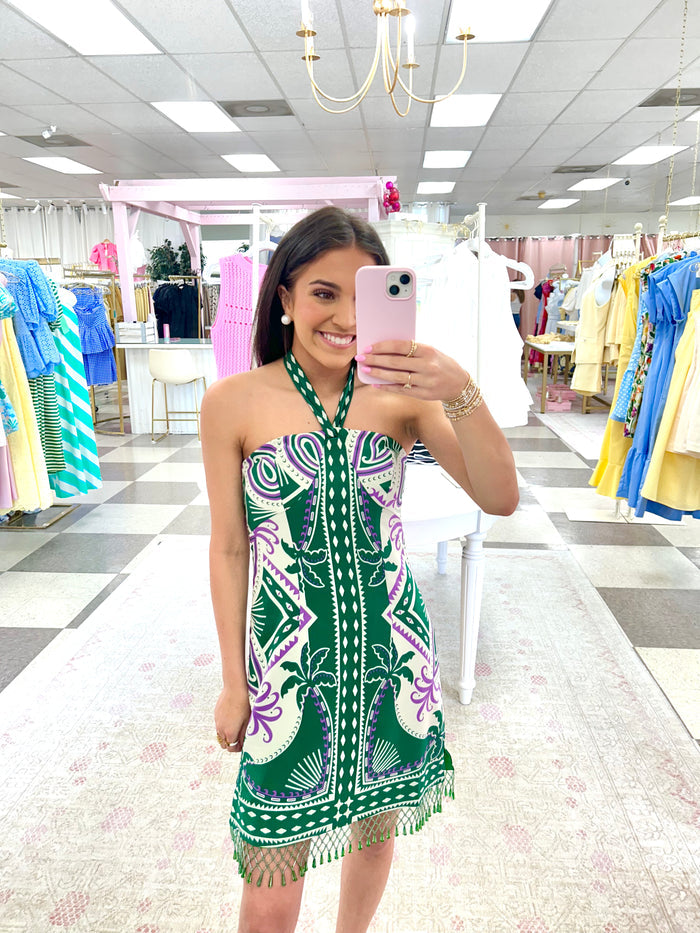 Let's Go To The Tropics Halter Bead Hem Mini Dress