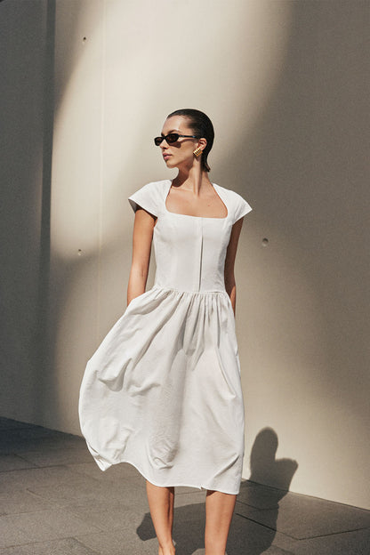 Ayla Cotton Fit And Flare Midi Dress - White