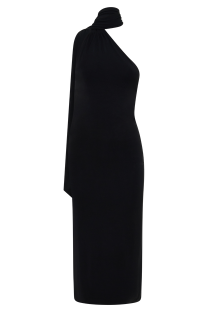 Jemma One Shoulder Tie Midi Dress - Black