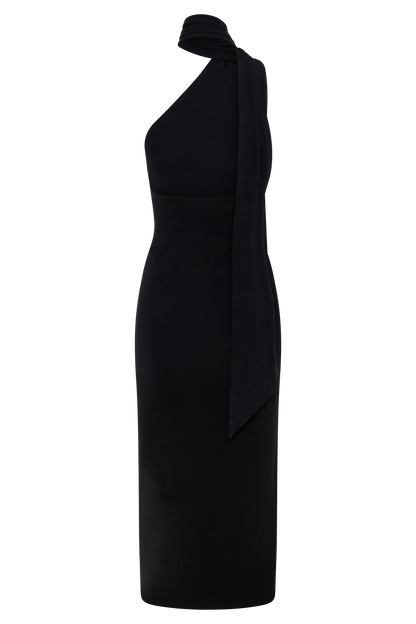 Jemma One Shoulder Tie Midi Dress - Black