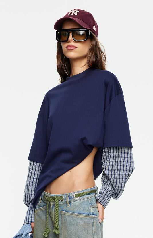 Lioness Bottega Navy Layered Contrast Sleeve Shirt