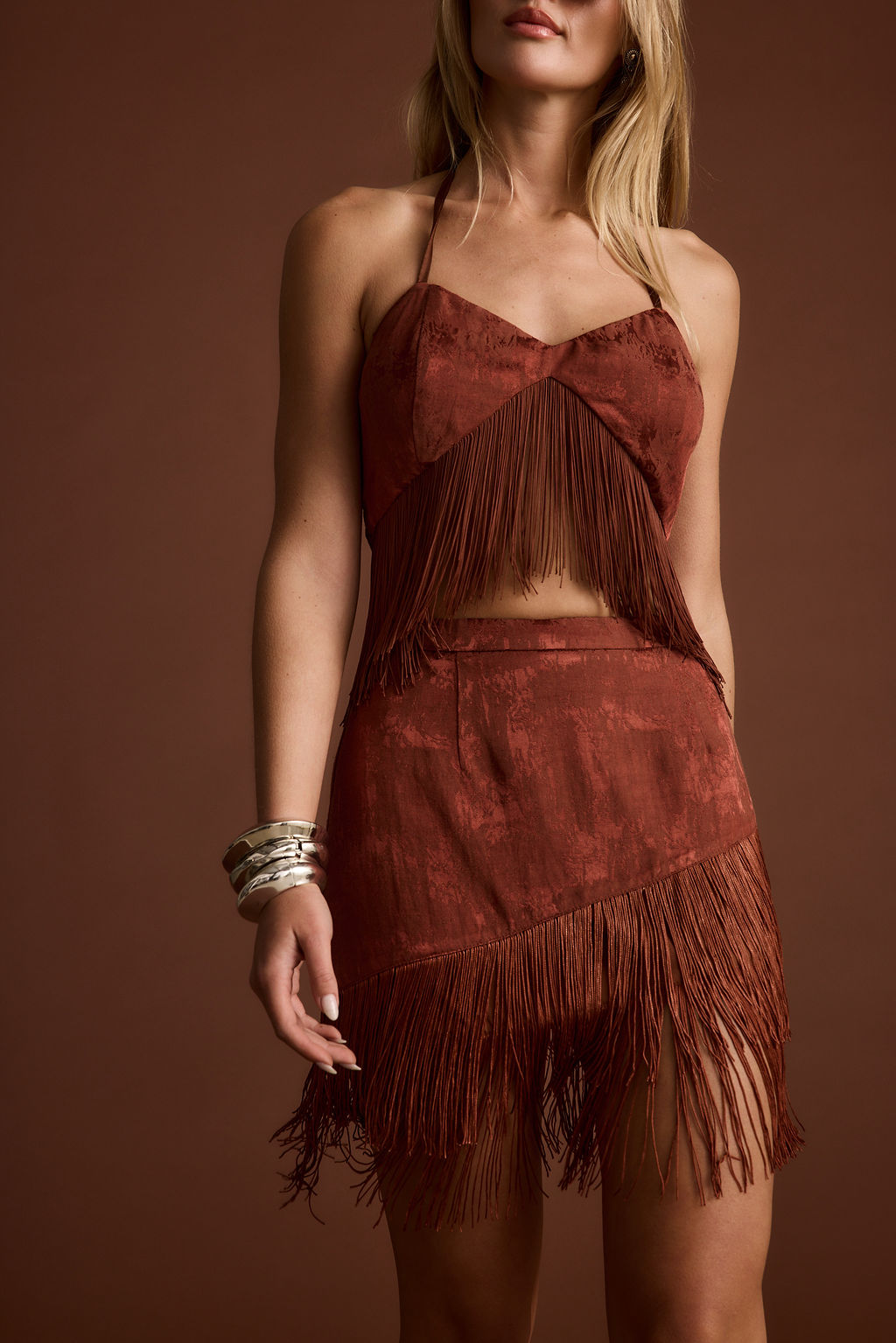 Tamsin Terracotta Jacquard Fringe Mini Skirt