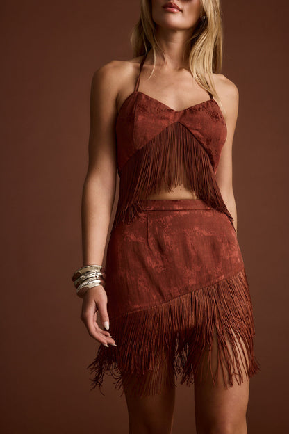Tamsin Terracotta Jacquard Fringe Mini Skirt