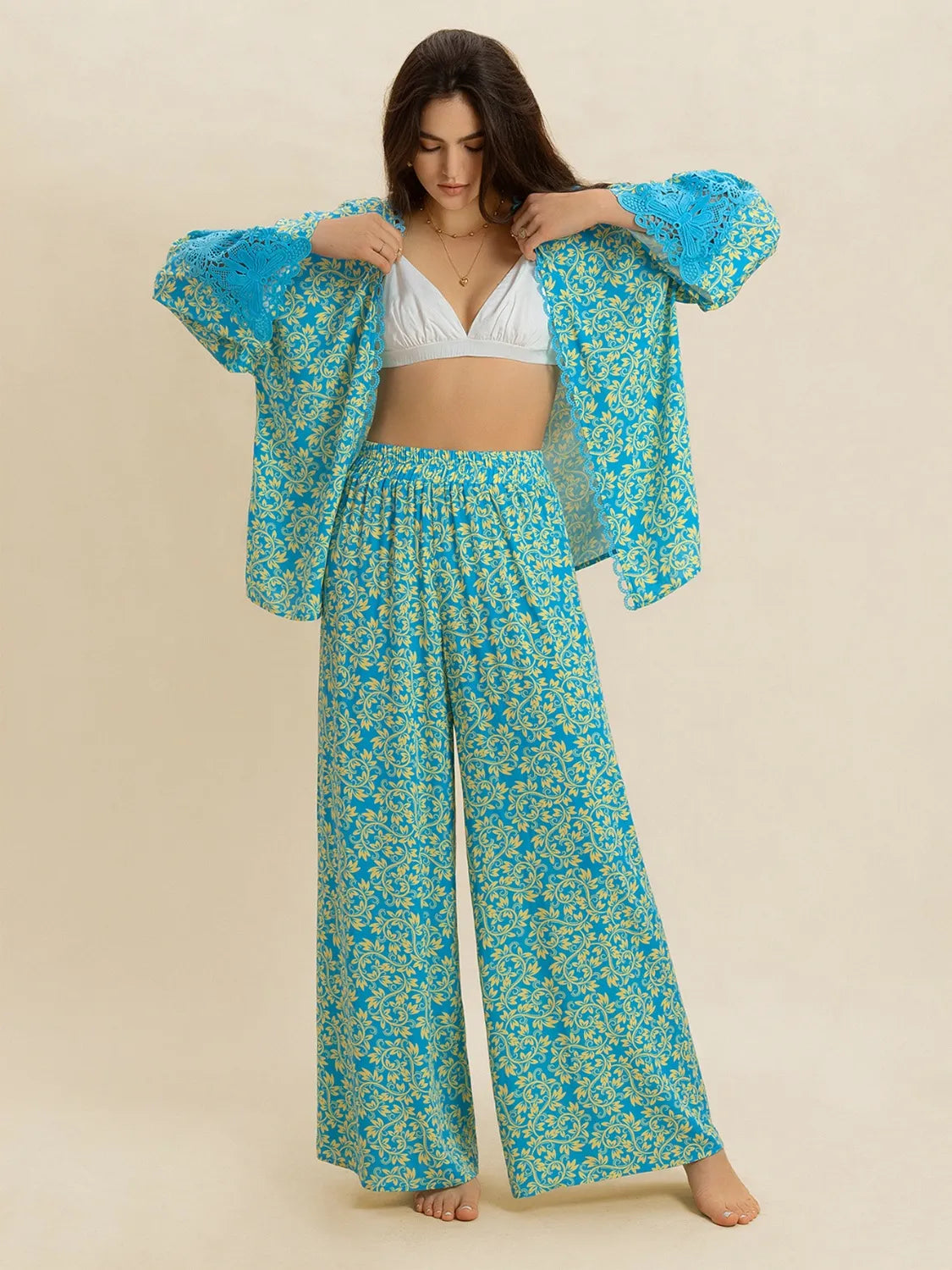 Hazel Blues® |  Boho Open Front Kimono Top & Wide Leg Pants Set