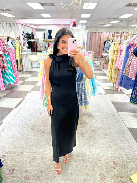 Adele Satin Tie at Neck Midi Dress ( Black)