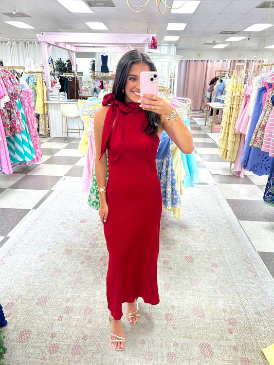 Adele Satin Tie at Neck Midi Dress (Red)