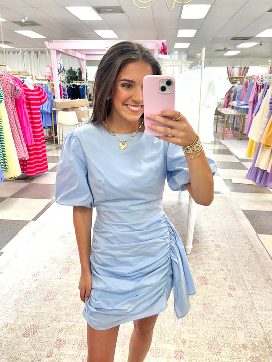 Amelia Blue Puff Sleeve Ruched Mini Dress