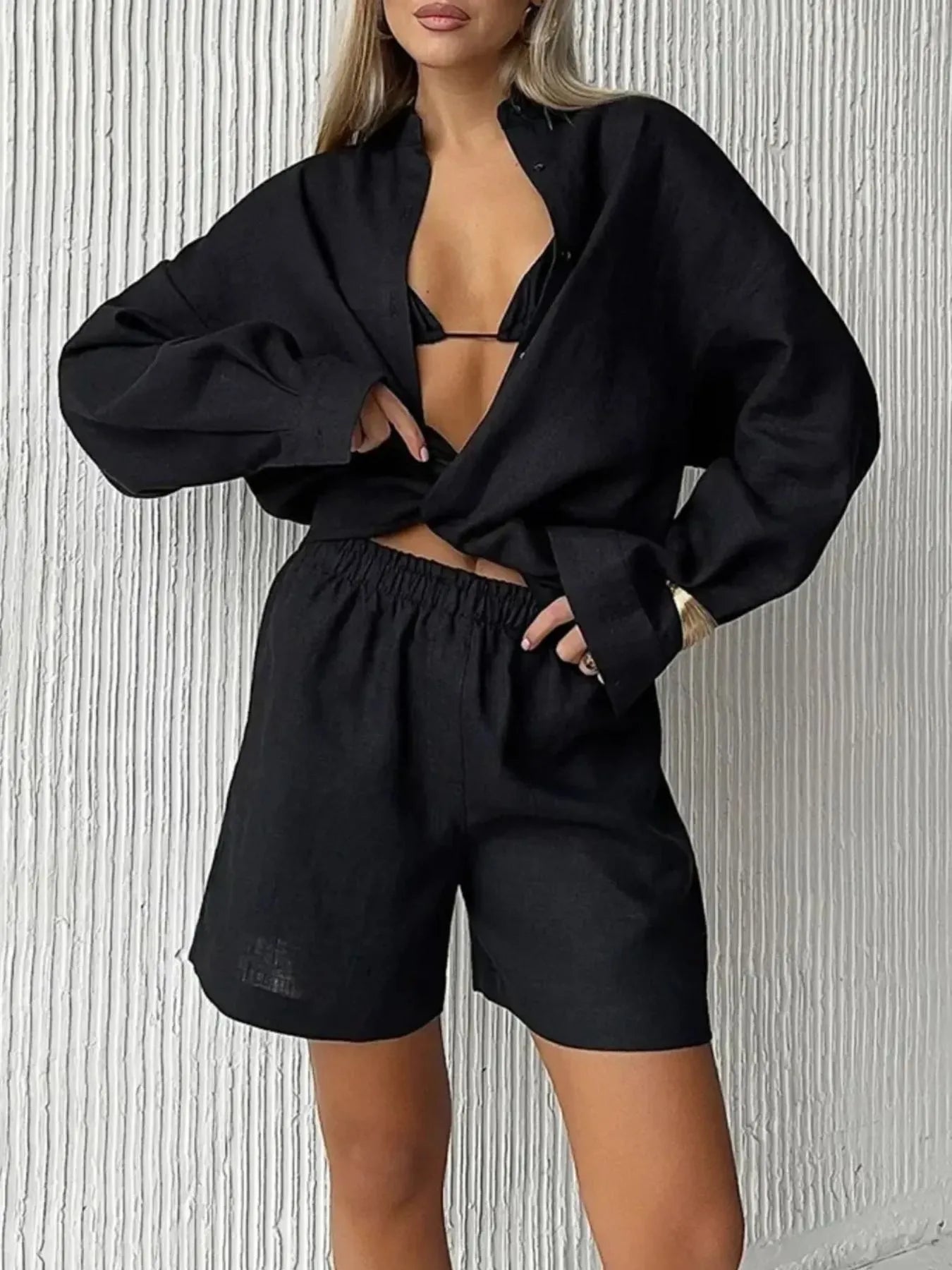 Hazel Blues® |  Button Up Long Sleeve Shirt and Shorts Set