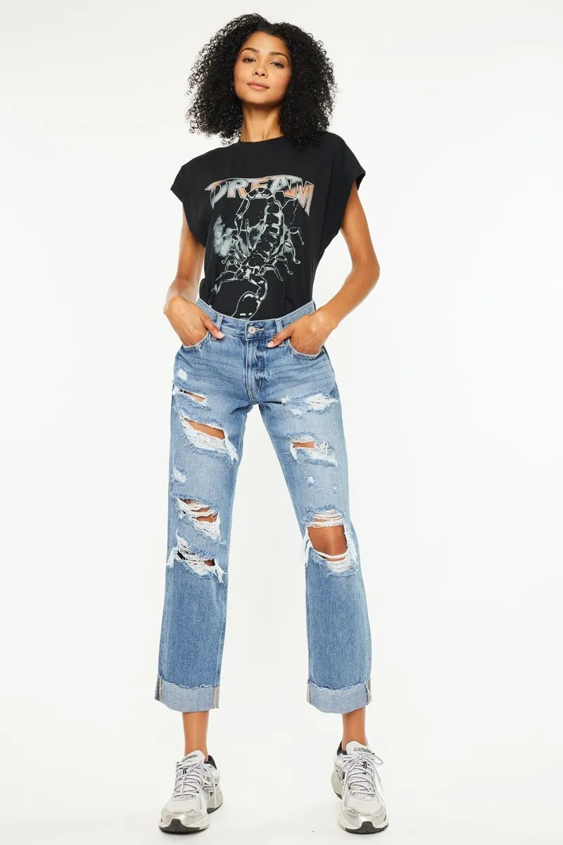 Hazel Blues® |  Kancan Mid Rise Distressed Boyfriend Fit Jeans