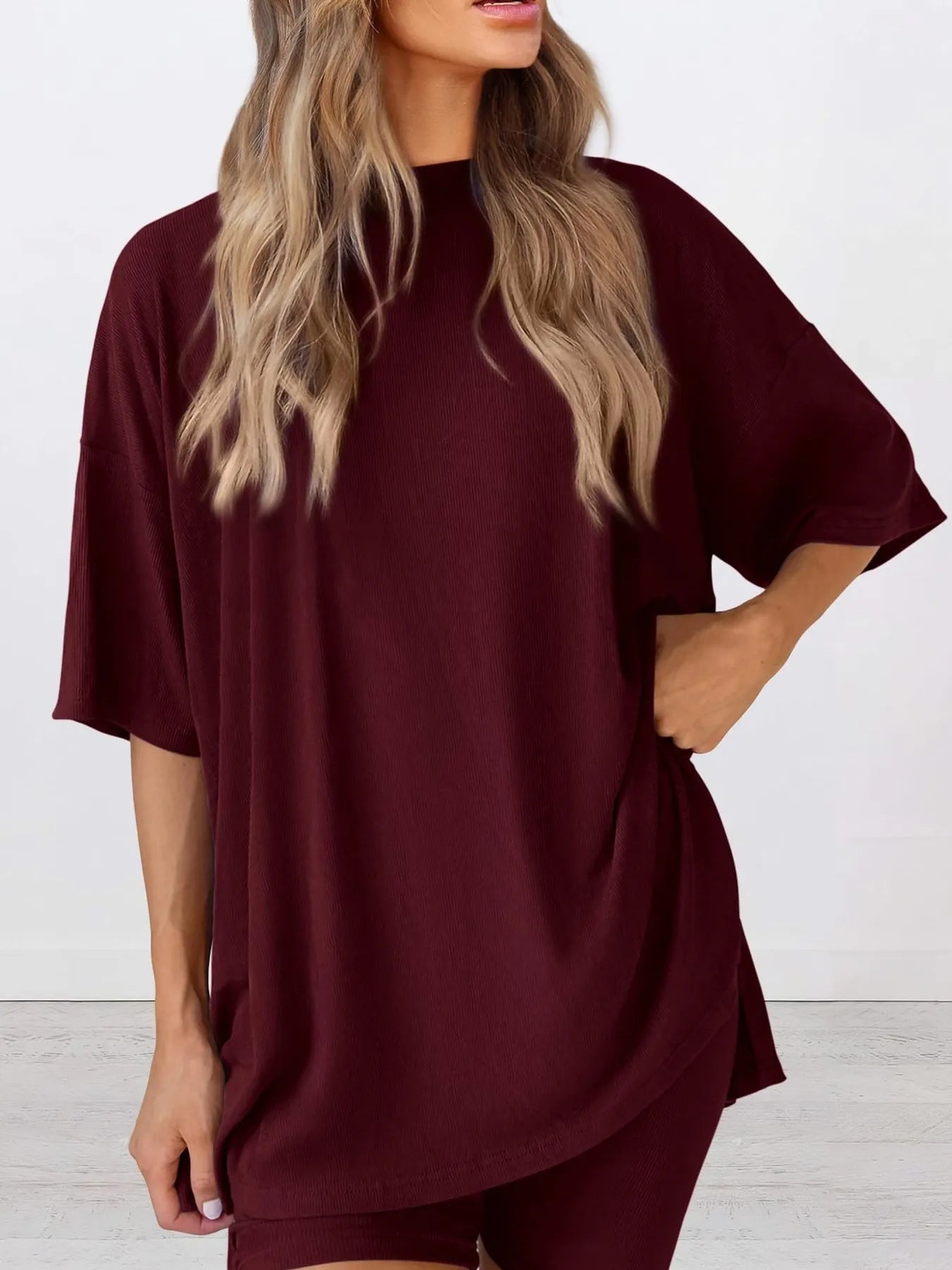 Hazel Blues® | Oversized Slit Round Neck Top and Shorts Lounge Set