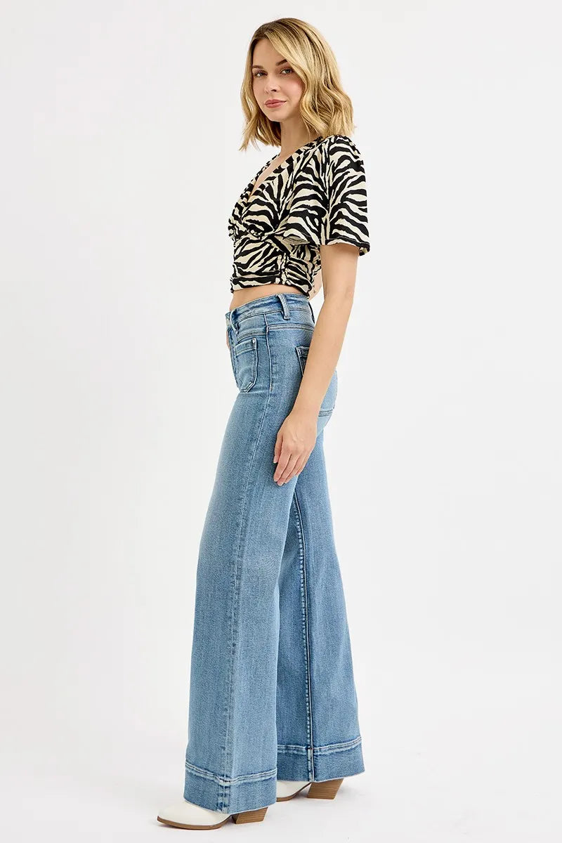Hazel Blues® | RISEN High Rise Wide Flare Patch Pocket Jeans