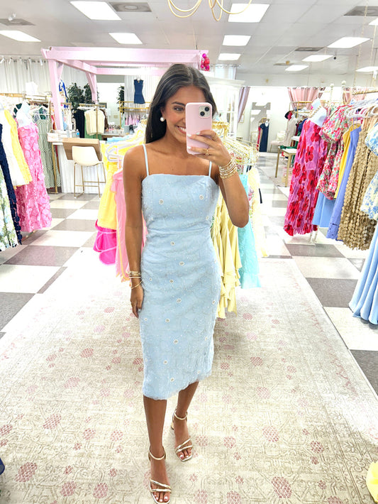 Bella Blue Flower Embellished Midi Dress