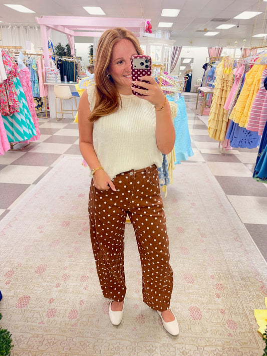 Brown with White Polka Dot Barrel Leg Jean Pant