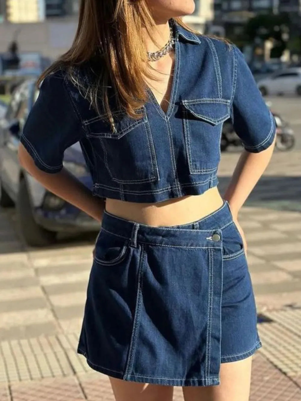 Hazel Blues® |  Johnny Collar Short Sleeve Top and Skort Denim Set