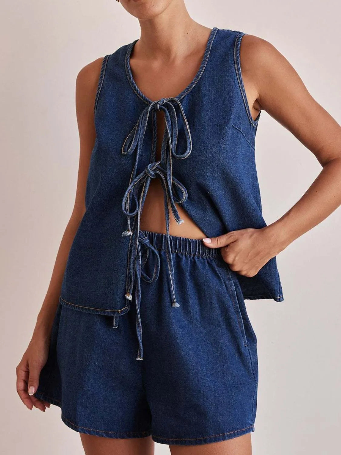 Hazel Blues® |  Tie Front Vest and Shorts Denim Set