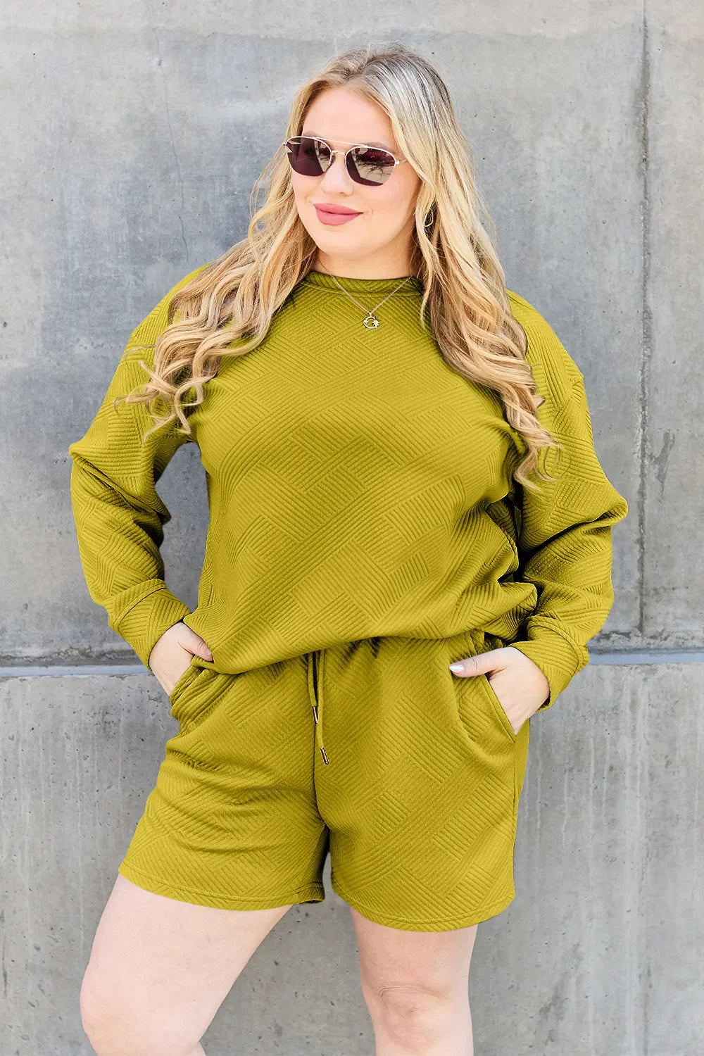 Hazel Blues® |  Double Take Texture Long Sleeve Top and Drawstring Shorts Set