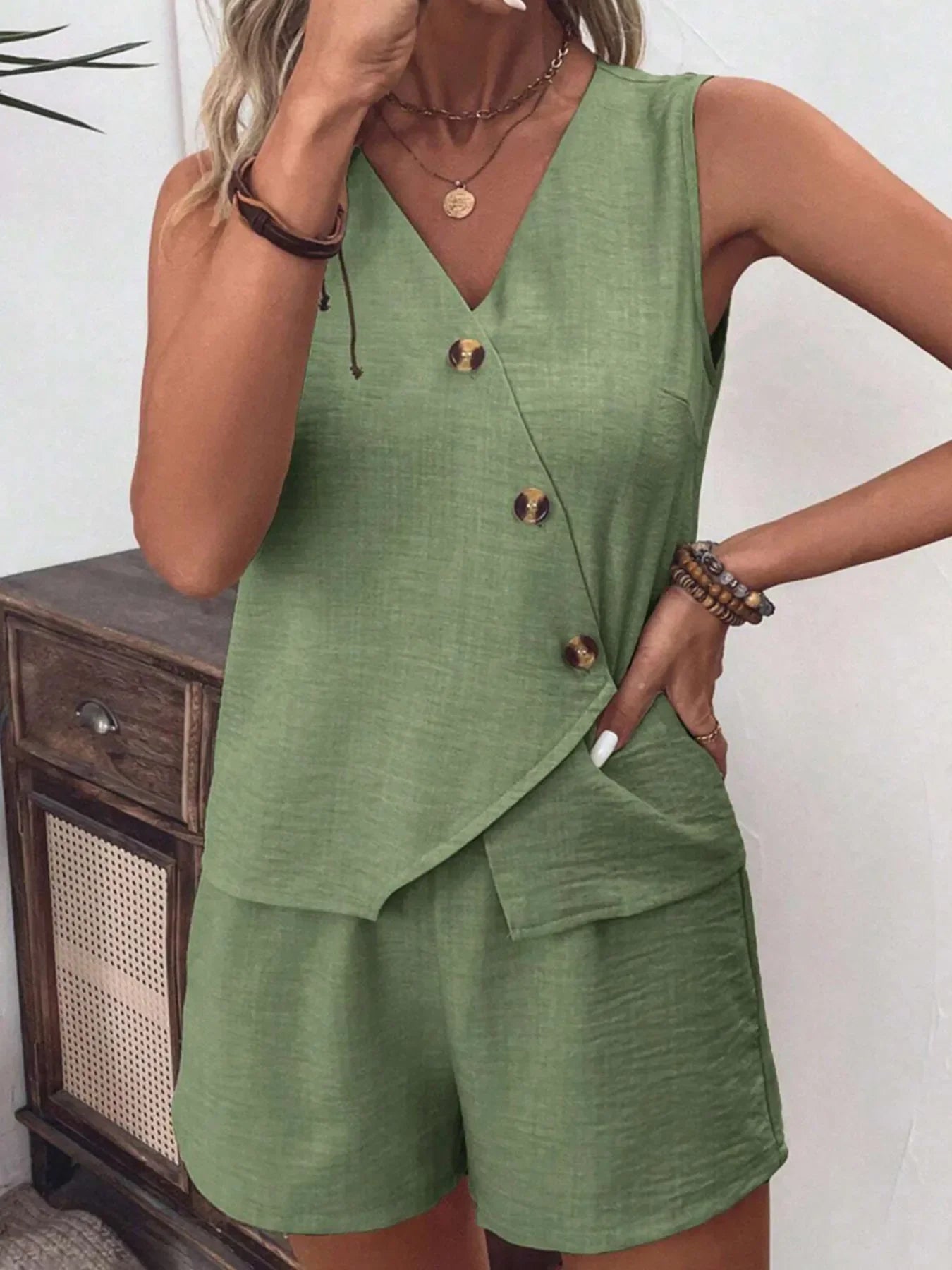 Hazel Blues® |  Button Up Vest and Shorts Set