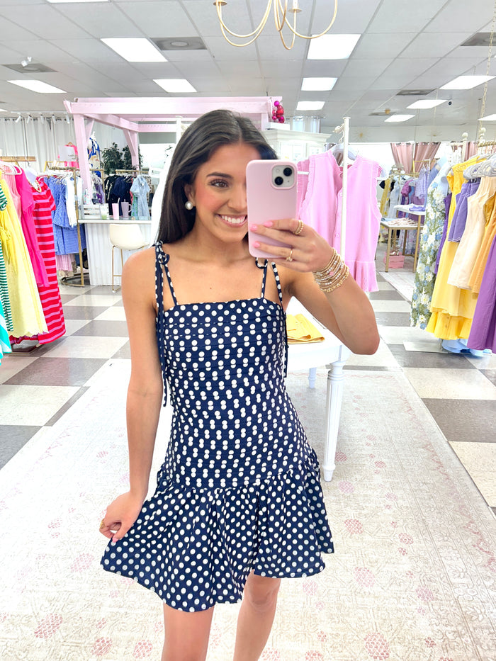 Celia Polka Dot Mini Dress (Navy/White)