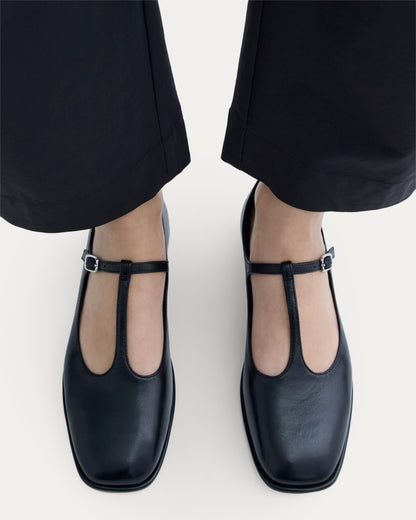 The Leather T-Strap Flat | Black