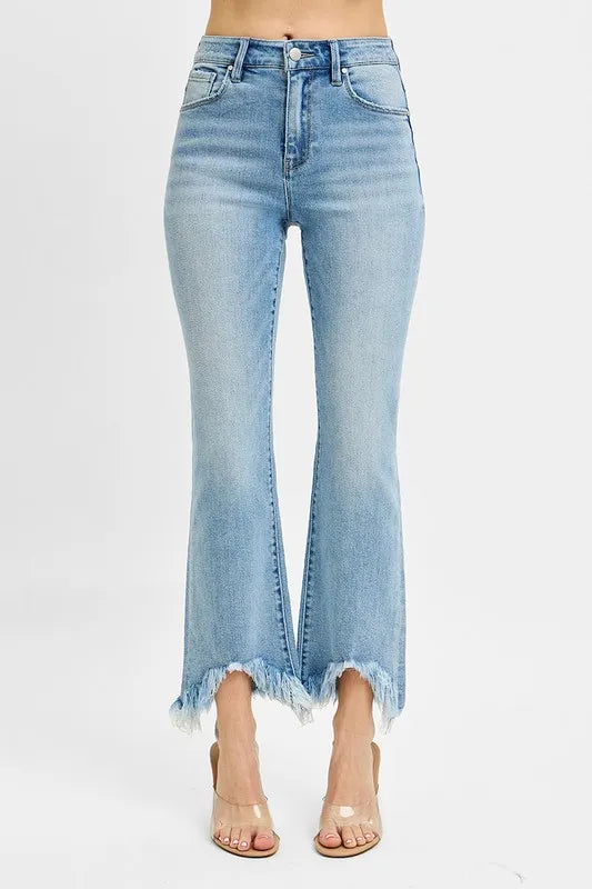 Hazel Blues® |  RISEN High Rise Crop Bootcut Fray Hem Jeans
