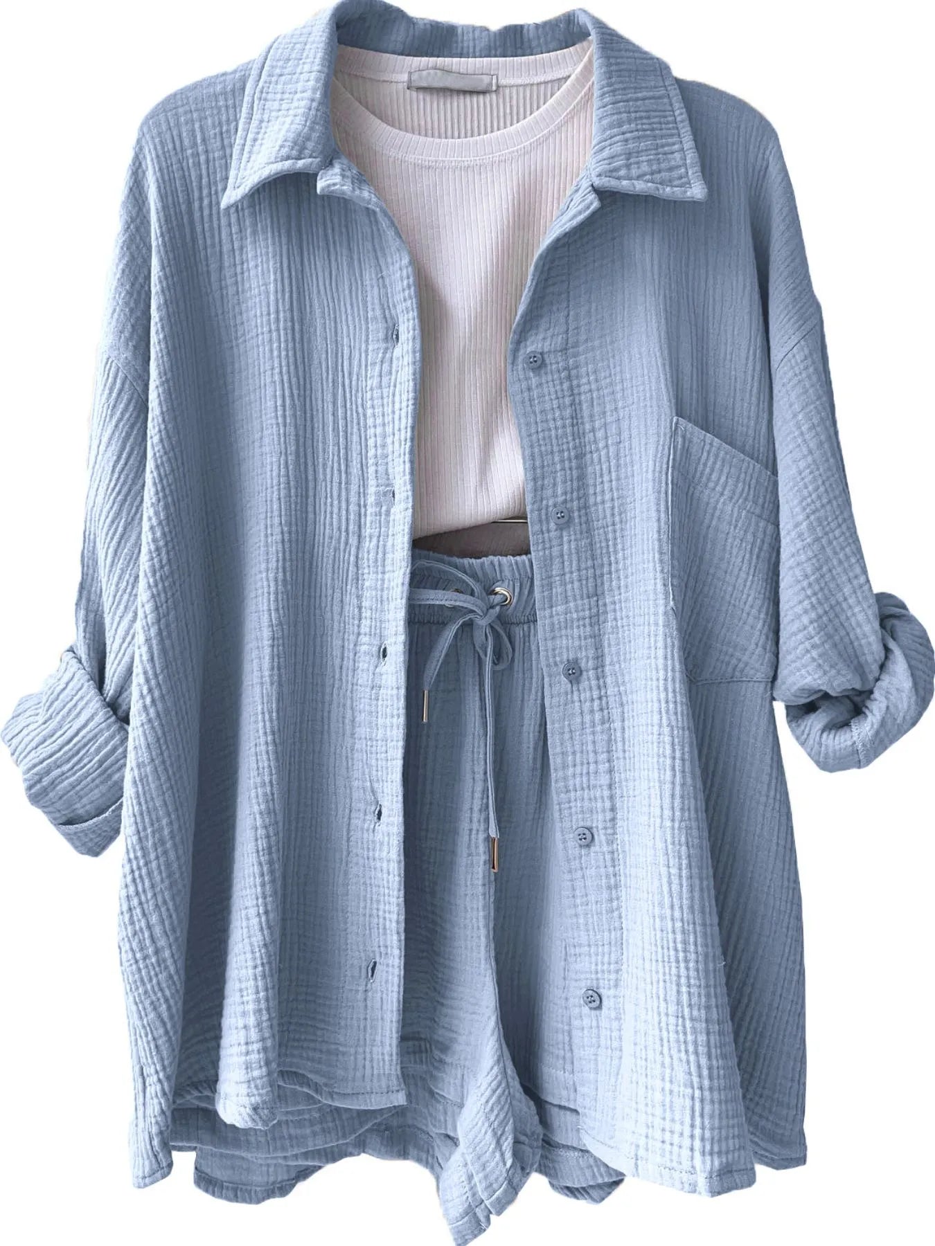 Hazel Blues® |  Textured Button Up Shirt and Shorts Set