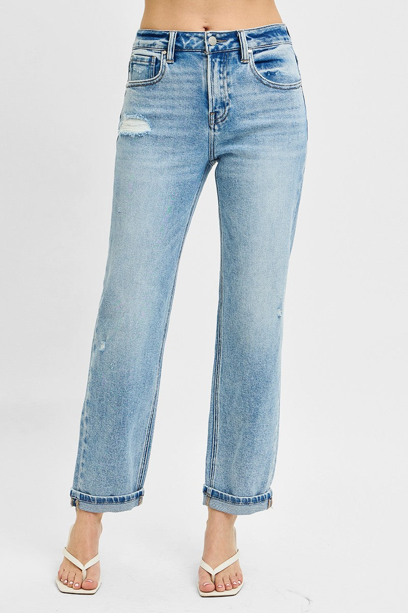 Hazel Blues® | RISEN High Rise Ankle Boyfriend Distressed Jeans