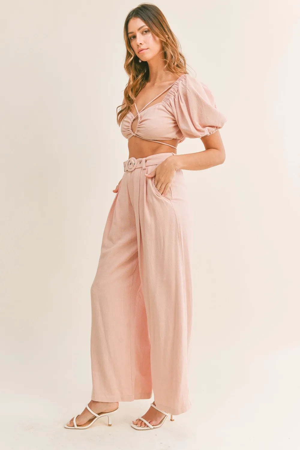 Hazel Blues® |  MABLE Cut Out Drawstring Crop Top and Belted Pants Set
