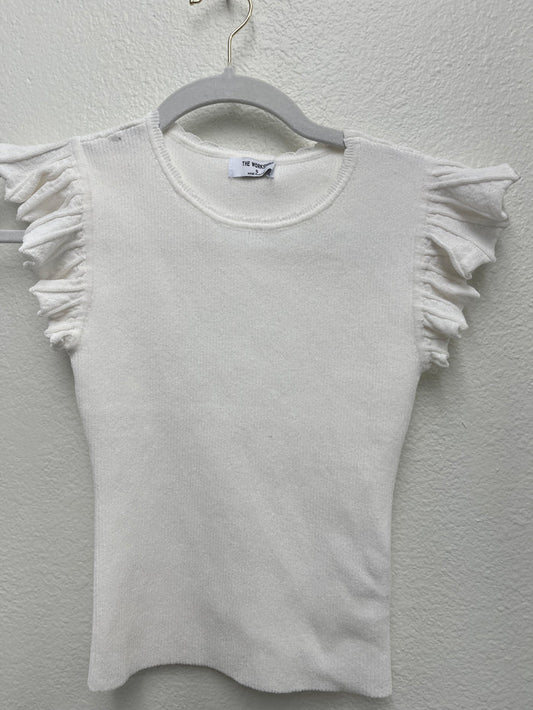 Ellie Ribbed Knit Top Ruffle Sleeve (White)