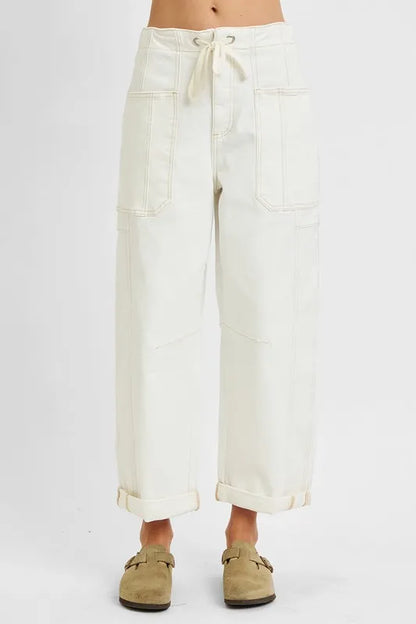 Hazel Blues® | RISEN High Rise Crop Wide Barrel Cargo Pocket Jeans